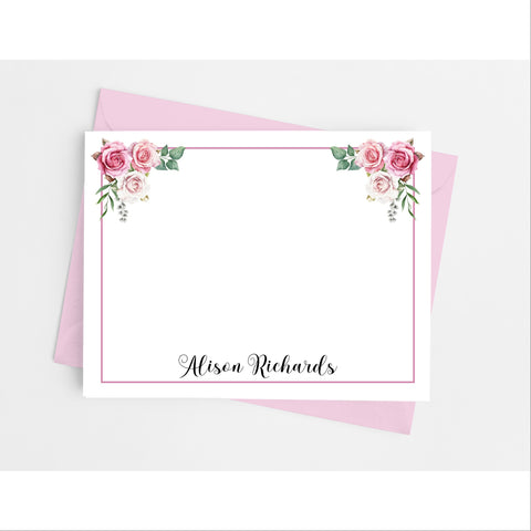 Pink Rose Floral Flat Note Cards