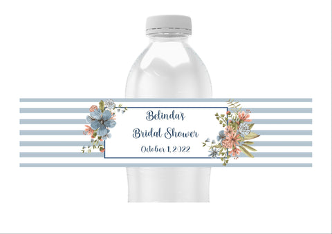 Blue Floral Stripe Water Bottle Labels