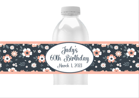 Blue Floral Pattern Water Bottle Labels
