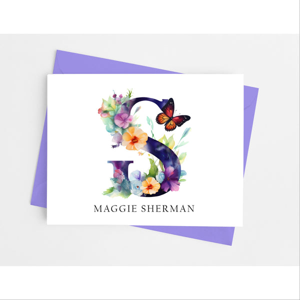 Butterfly Floral Themed Initial Monogram Note Cards