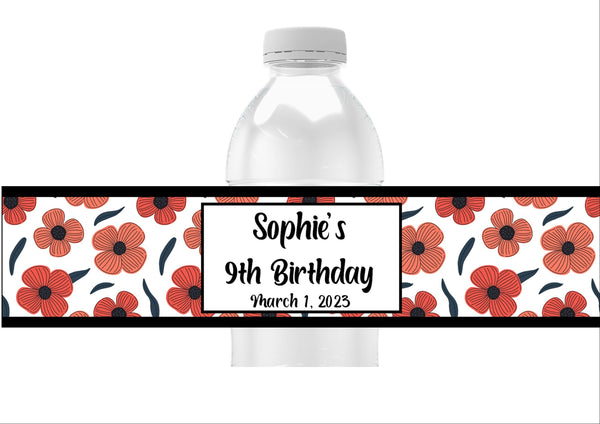 Red Floral Pattern Water Bottle Labels