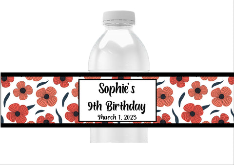 Red Floral Pattern Water Bottle Labels