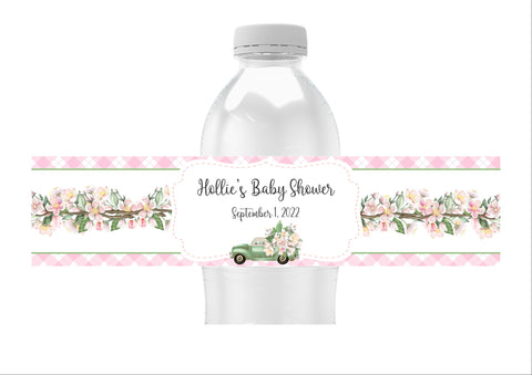 Pink Floral Pick Up Truck Water Bottle Labels