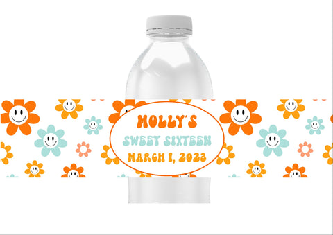 Smiley Face Floral Pattern Water Bottle Labels