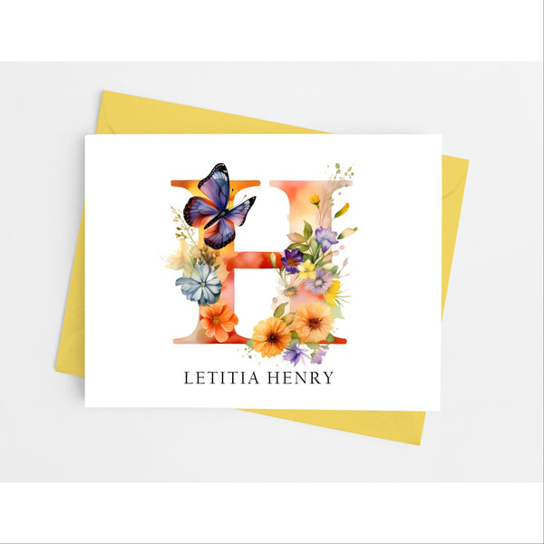 Butterfly Floral Themed Initial Monogram Note Cards