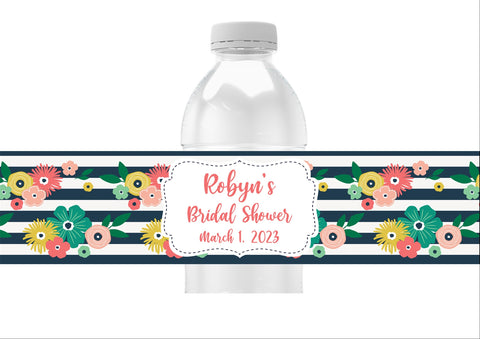 Floral Stripe Water Bottle Labels