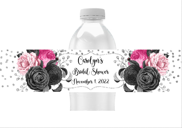 Black and Pink Floral Water Bottle Labels