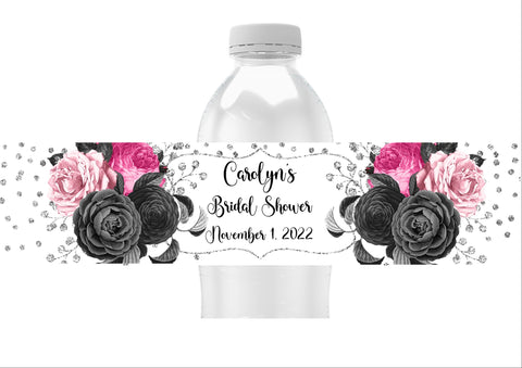 Black and Pink Floral Water Bottle Labels