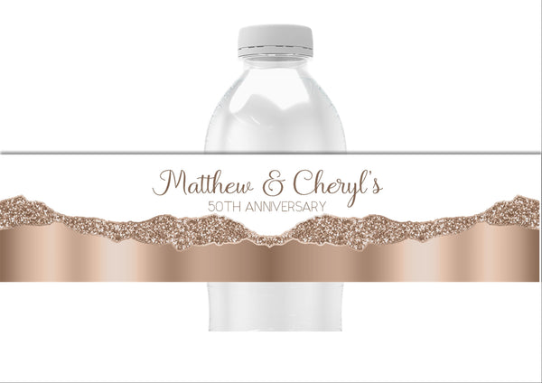 Metallic Rose Gold Glitter Pattern Water Bottle Labels