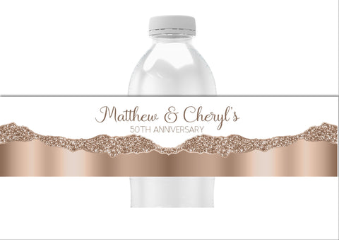 Metallic Rose Gold Glitter Pattern Water Bottle Labels