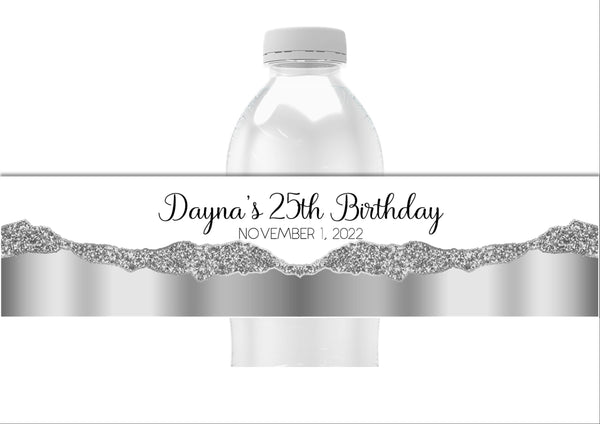 Metallic Silver Glitter Pattern Water Bottle Labels