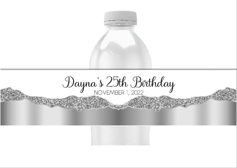 Metallic Silver Glitter Pattern Water Bottle Labels