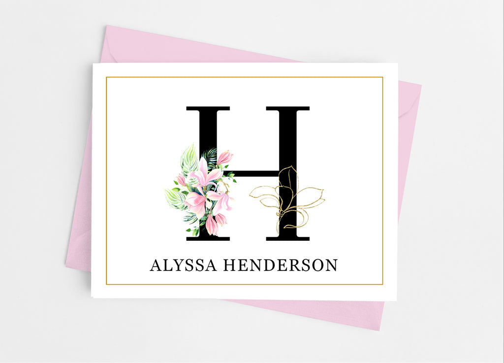Pink Floral Initial Monogram Note Cards