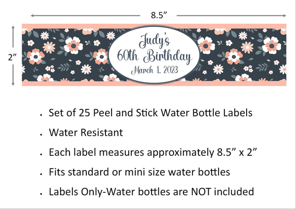 Blue Floral Pattern Water Bottle Labels