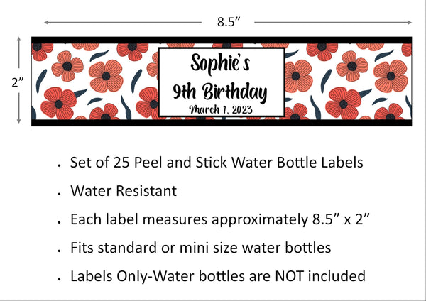 Red Floral Pattern Water Bottle Labels