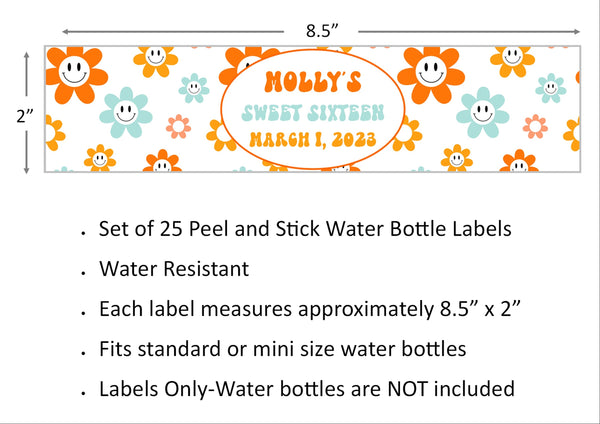 Smiley Face Floral Pattern Water Bottle Labels