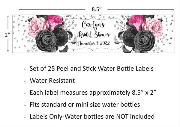 Black and Pink Floral Water Bottle Labels