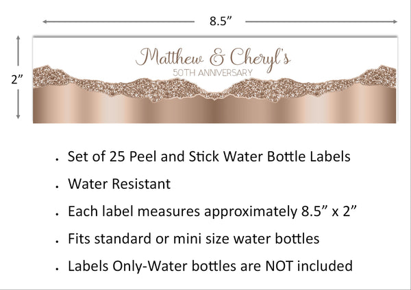 Metallic Rose Gold Glitter Pattern Water Bottle Labels