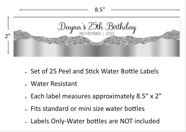 Metallic Silver Glitter Pattern Water Bottle Labels