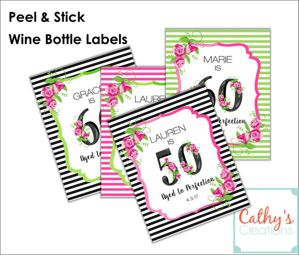 Floral Milestone Birthday Wine Bottle Labels - Cathy's Creations - www.candywrappershop.com