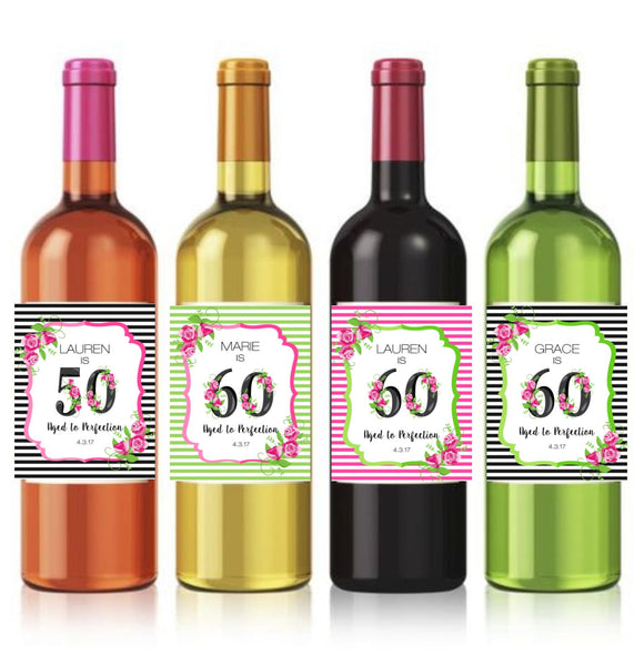 Floral Milestone Birthday Wine Bottle Labels - Cathy's Creations - www.candywrappershop.com