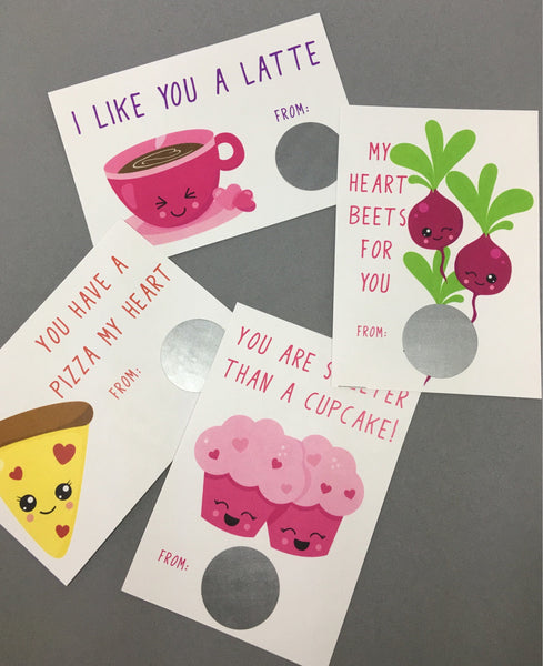 Cute Food Valentine's Day Scratch Off Cards - Cathy's Creations - www.candywrappershop.com