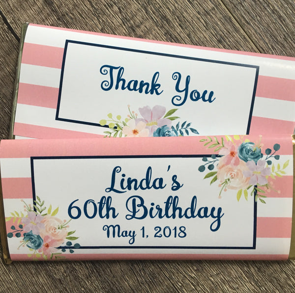 Pink and Navy Floral Candy Bar Wrapper - Cathy's Creations - www.candywrappershop.com