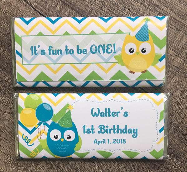 Owl Birthday Party Candy Bar Wrapper - Cathy's Creations - www.candywrappershop.com