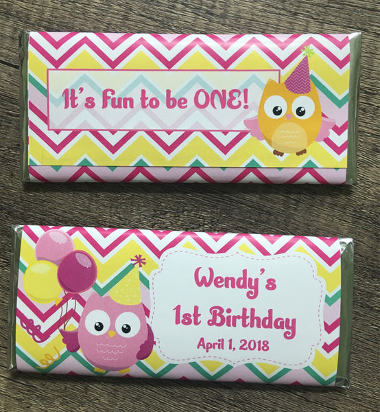 Owl Birthday Party Candy Bar Wrapper - Cathy's Creations - www.candywrappershop.com