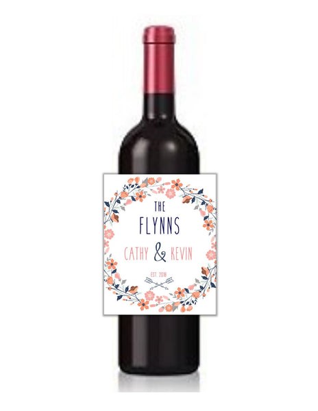 Peach and Navy Floral Wine Bottle Labels - Cathy's Creations - www.candywrappershop.com