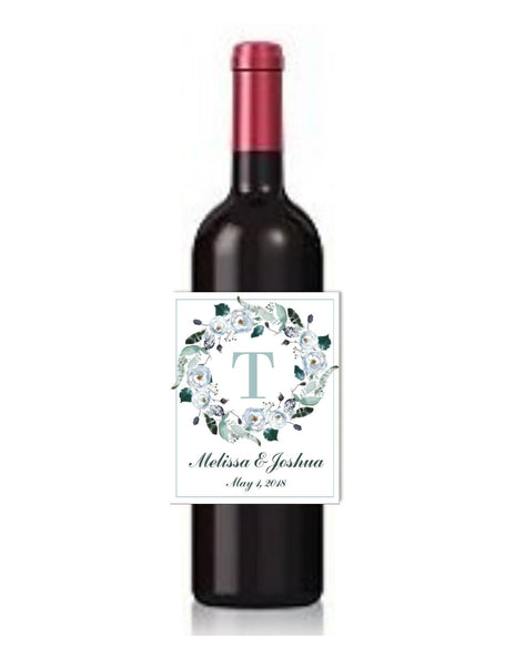 Floral Wreath Monogram Wine Bottle Labels - Cathy's Creations - www.candywrappershop.com