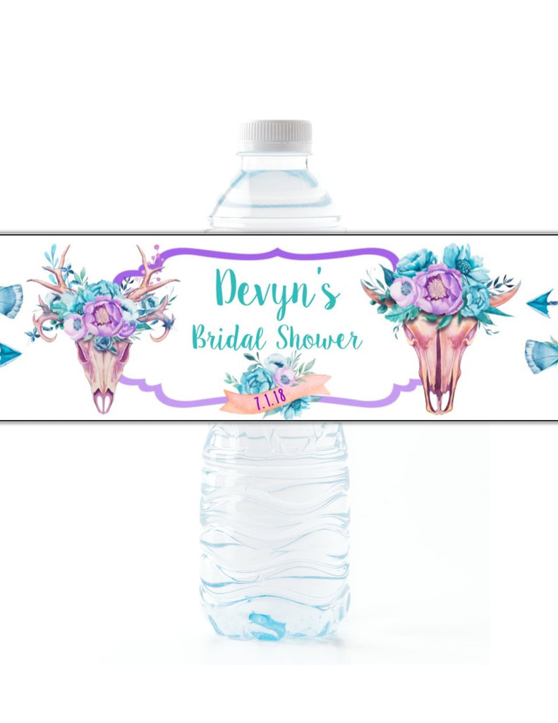 Floral Boho Skull Water Bottle Labels - Cathy's Creations - www.candywrappershop.com
