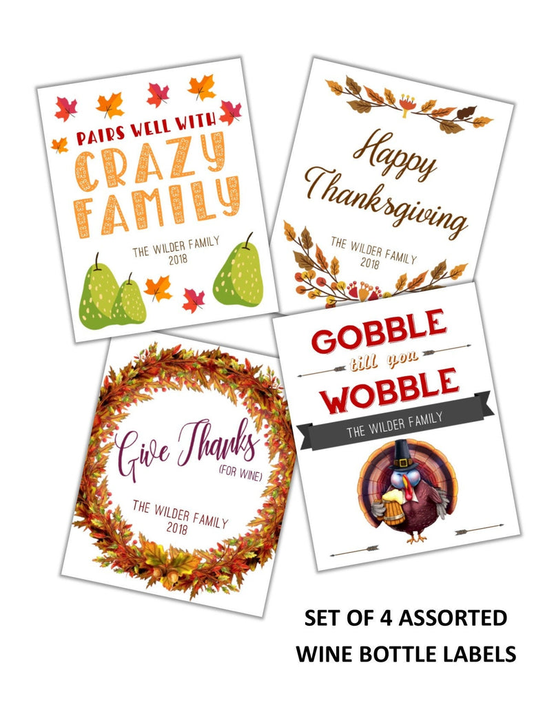 Thanksgiving Fun Wine Bottle Labels - Cathy's Creations - www.candywrappershop.com