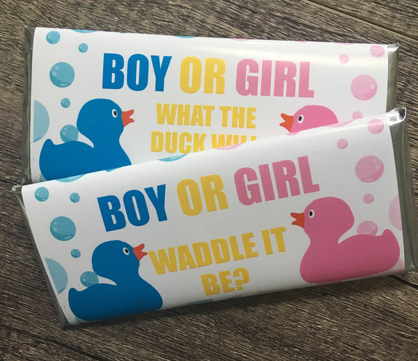 Rubber Duck Gender Reveal Candy Bar Wrapper - Cathy's Creations - www.candywrappershop.com