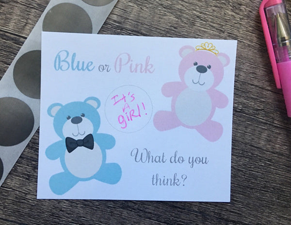 Teddy Bear Gender Reveal Scratch off Cards - Cathy's Creations - www.candywrappershop.com