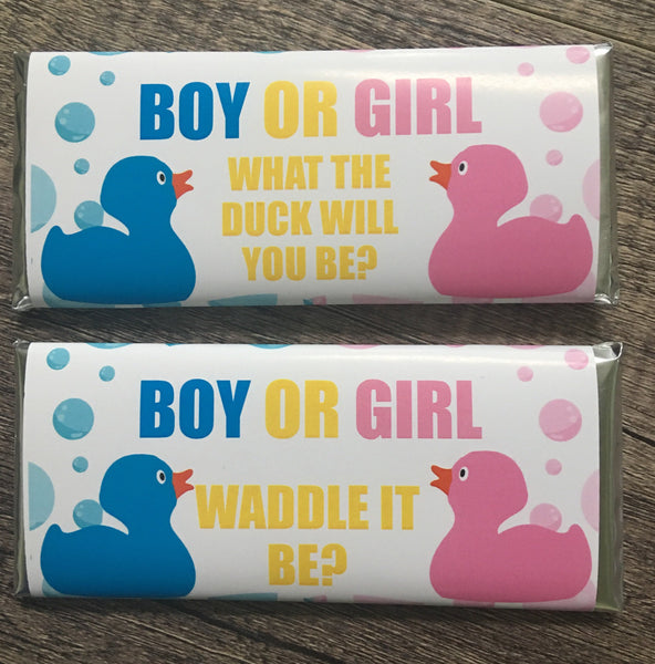 Rubber Duck Gender Reveal Candy Bar Wrapper - Cathy's Creations - www.candywrappershop.com