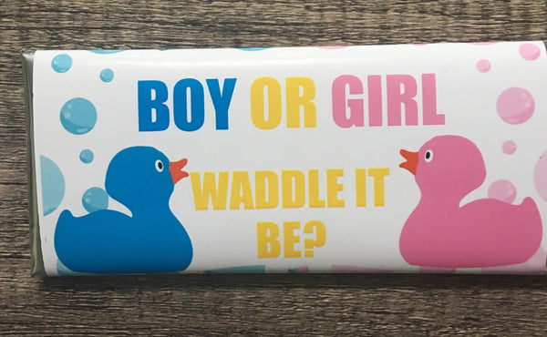 Rubber Duck Gender Reveal Candy Bar Wrapper - Cathy's Creations - www.candywrappershop.com