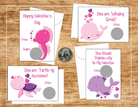 Under the Sea Pink Valentine's Day Scratch Off Cards - Cathy's Creations - www.candywrappershop.com