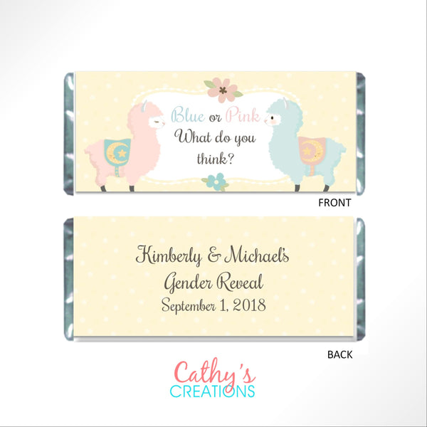 Llama Gender Reveal Candy Bar Wrapper - Cathy's Creations - www.candywrappershop.com