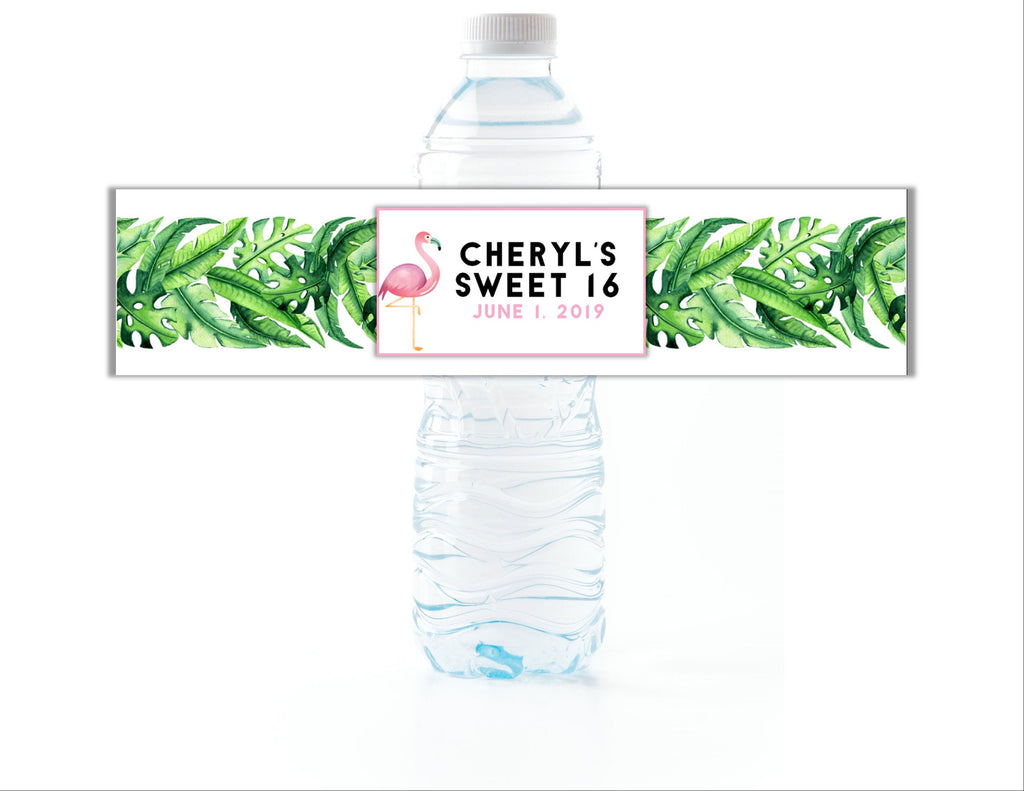 Flamingo Tropical Leaves Water Bottle Labels - Cathy's Creations - www.candywrappershop.com