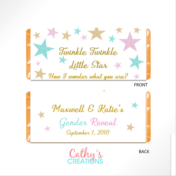 Twinkle Little Star Gender Reveal Candy Bar Wrapper - Cathy's Creations - www.candywrappershop.com