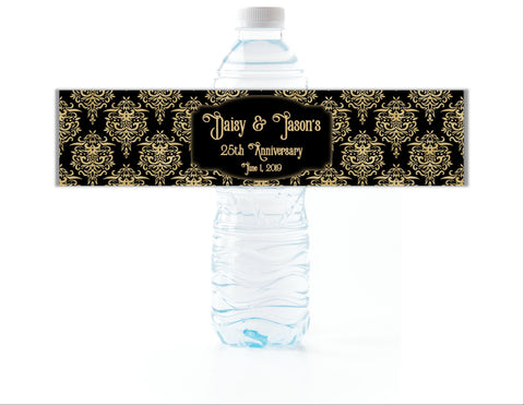 Gold and Black Damask Water Bottle Labels - Cathy's Creations - www.candywrappershop.com