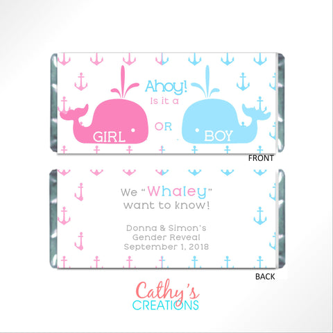 Whale Gender Reveal Candy Bar Wrapper - Cathy's Creations - www.candywrappershop.com