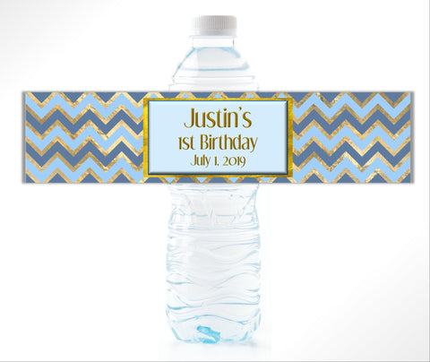 Blue and Gold Chevron Water Bottle Labels - Cathy's Creations - www.candywrappershop.com