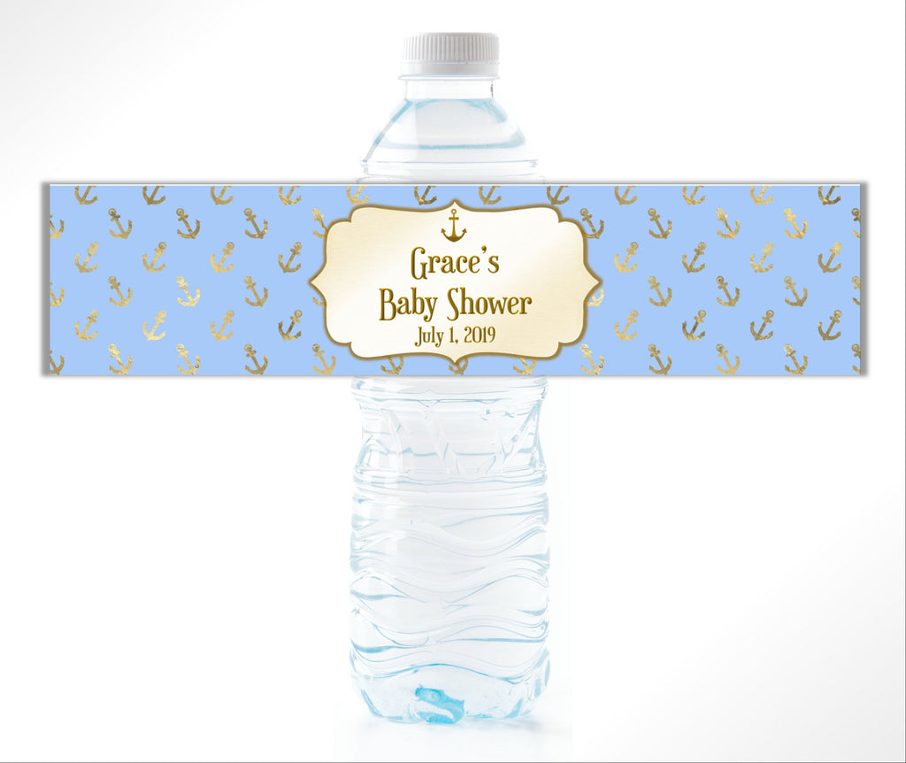 Gold Nautical Anchors Water Bottle Labels - Cathy's Creations - www.candywrappershop.com