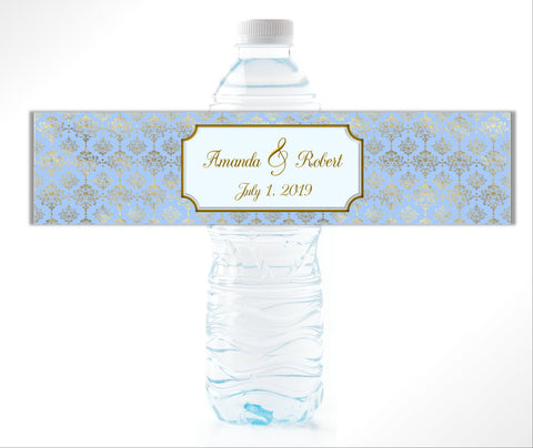 Blue Gold Damask Water Bottle Labels - Cathy's Creations - www.candywrappershop.com