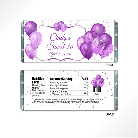 Purple Balloons Candy Bar Wrapper - Cathy's Creations - www.candywrappershop.com