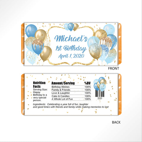 Blue and Gold Balloons Candy Bar Wrapper - Cathy's Creations - www.candywrappershop.com