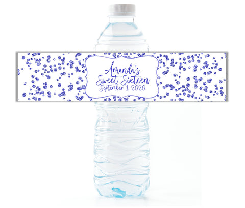 Blue Glitter Confetti Water Bottle Labels - Cathy's Creations - www.candywrappershop.com