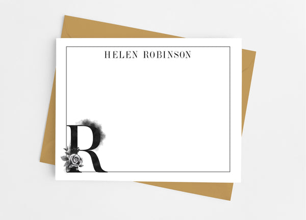 Black Floral Single Initial Monogram Flat Note Cards - Cathy's Creations - www.candywrappershop.com